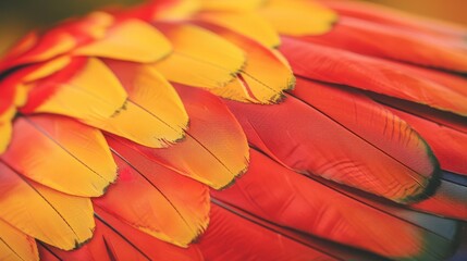  A tight shot of a red and yellow bird's colorful feathers, surrounded by a hazy backdrop of orange and yellow feathers