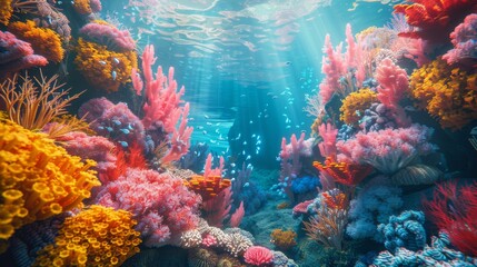 Wall Mural - 3d Surreal underwater scene with bioluminescent creatures and colorful coral reefs