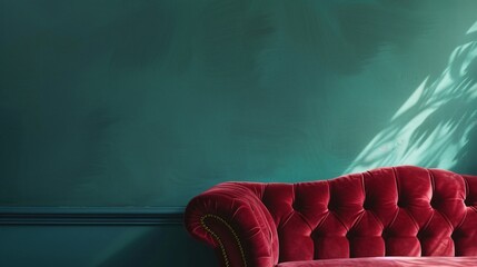 Wall Mural - Close up of a red violet sofa on a blue green background with decorative elements around in minimalist style