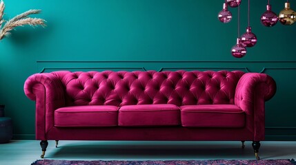 Wall Mural - Close up of a red violet sofa on a blue green background with decorative elements around in minimalist style