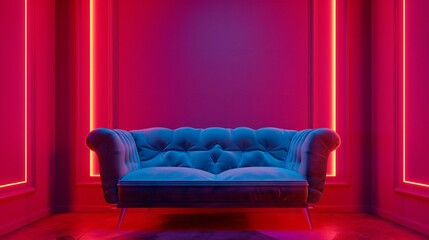 Wall Mural - Front view of a blue green sofa on a red violet background with decorative elements around