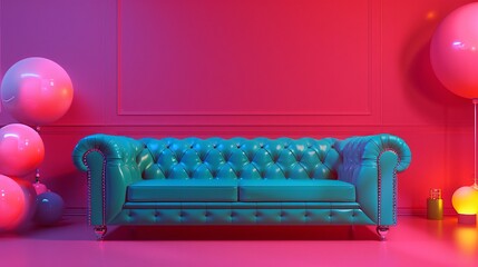 Wall Mural - Front view of a blue green sofa on a red violet background with decorative elements around