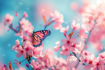 Sticker - A beautiful Monarch butterfly delicately perched on soft pink cherry blossoms in full bloom