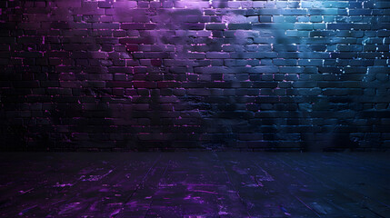 Aufkleber - dark black brick wall background rough concrete plastered concrete floor with neon purple glowing lights from above lighting effect violet and blue on empty brick wall background for d : Generative AI