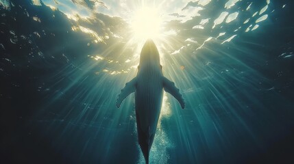 Wall Mural -  Person swims in ocean, shark near, sun shines behind