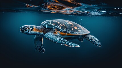 Poster -  A turtle swims in the water with its head above the surface