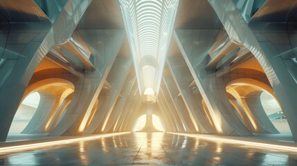 Wall Mural - 3d Abstract architectural structure resembling a futuristic temple, illuminated by pulsating beams of light