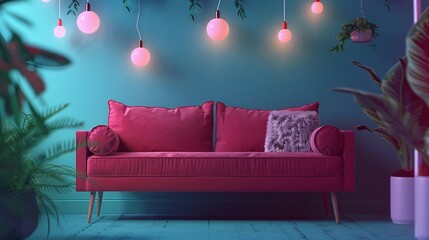 Wall Mural - Front view of a red violet sofa on a blue green background with decorative elements around