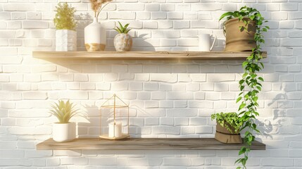 Front view of a white brick wall with two shelves and decorations