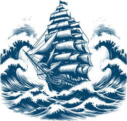 Poster - an ancient wooden warship with spread sails sails on a very stormy sea with giant waves as a vector engraving