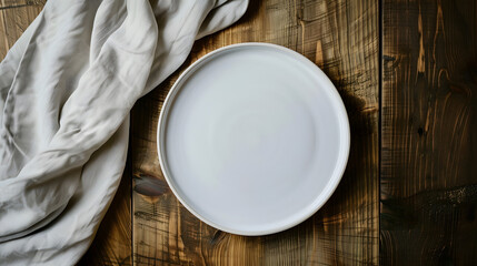 Fototapete - Empty white circle plate on wooden table with linen napkin Overhead view : Generative AI