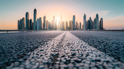 Aufkleber - modern city skyline and buildings with empty asphalt road at sunset : generative ai
