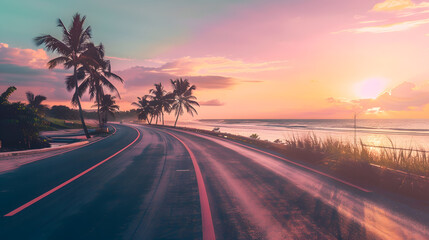 Poster - highway landscape at colorful sunset traveling on the holiday road in summer Nature scenery on ocean beach Road landscape on beach Stunning sea with summer vacation seascape with beaut : Generative AI