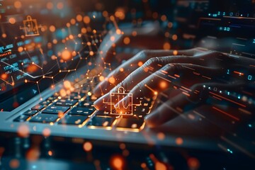 Poster - A person typing on a laptop with glowing symbols