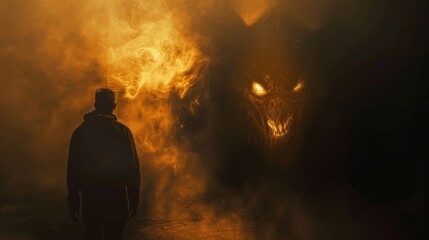 Wall Mural - A man stands in front of a dragon, with smoke and fire surrounding him