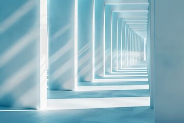 Poster - The image shows an endless sequence of a geometrically structured corridor with a striking blue tone and light rays