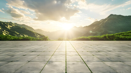 Fototapete - Empty square floor and green mountain landscape at sunset : Generative AI