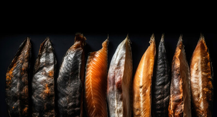 Wall Mural - Various smoked fish in a row, black background. Seafood assortment, menu. AI generated.