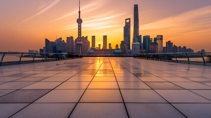 Poster - Empty square floor and bridge with city skyline at sunset in Shanghai China : Generative AI