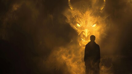 Wall Mural - A man stands in front of a monster that is spewing smoke
