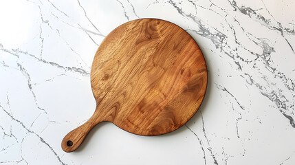 Aufkleber - Round empty wooden charcuterie serving board with handle on a white or gray marble table top view Kitchenware template with copy space Flat lay design mockup Layout cooking concept fra : Generative AI