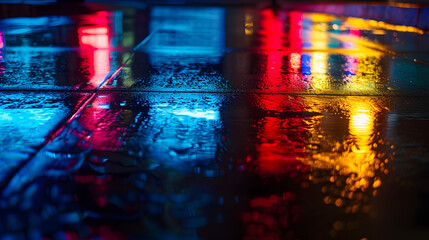 Poster - Wet asphalt night view neon reflection on the concrete floor Night empty stage studio Dark abstract background Product Showcase Spotlight Background : Generative AI