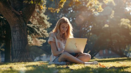 Canvas Print - A Woman Working Outdoors with Laptop