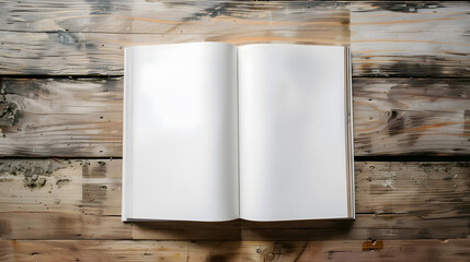 Poster - Blank catalog brochure book mock up Empty opened magazine on wooden background : Generative AI
