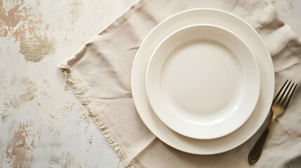 Poster - Top view on colored background empty round white plate on tablecloth for food Empty dish on napkin with space for your design : Generative AI