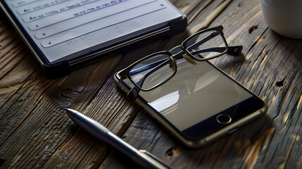Aufkleber - Medium camera format glasses smartphone pen and notepad on wood : Generative AI