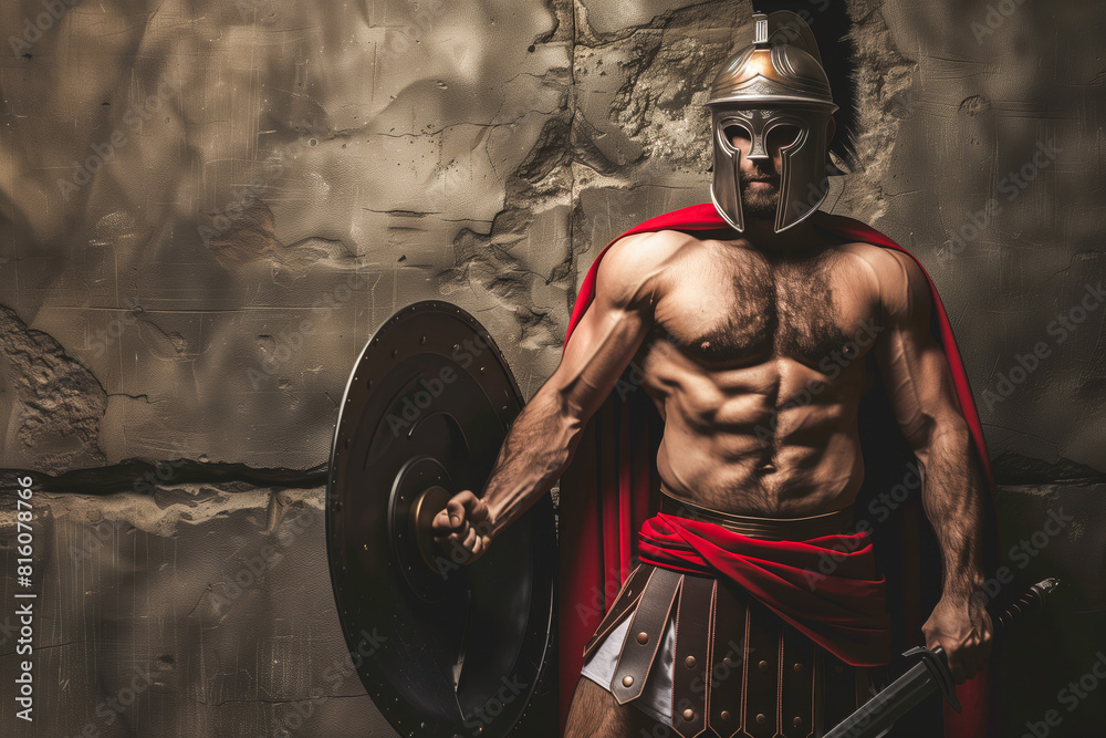 Roman warrior, spartan with shield and sword Stock Photo | Adobe Stock