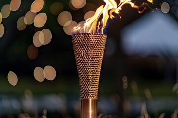 Closeup of copper olympic torch dark background with defocused light flares France Paris 