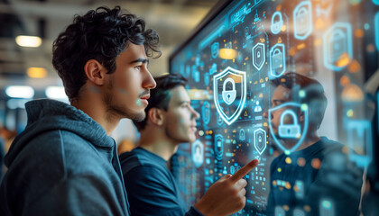 Wall Mural - a side view of a cyber specialist explaining security measures to a colleague, with holographic icons of shields and locks hovering in the background, Technology, IT specialist, cy