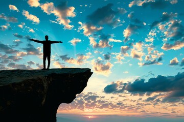 Wall Mural - Man in silhouette stands on the edge of cliff with open hands against blue sky with clouds at sunrise or dusk concept business success and achievement Generative AI