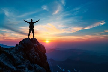 Wall Mural - Silhouette of a man standing on top of a mountain with arms raised against the blue sky at sunset, concept for success and achievement Generative AI