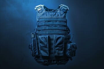 Modern black bulletproof vest equipped for police or military use, shown under dramatic lighting
