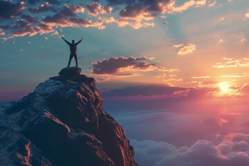 Wall Mural - Silhouette of a man standing on top of a mountain with his arms raised against a sunset sky background, a panoramic banner with space for text Generative AI