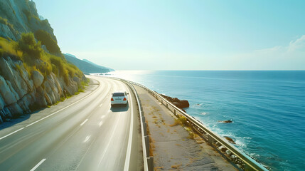Poster - road landscape in summer car driving on the road of europe Highway scenery in beautiful nature A white car on the road against the backdrop of a blue seascape highway landscape on the  : Generative AI