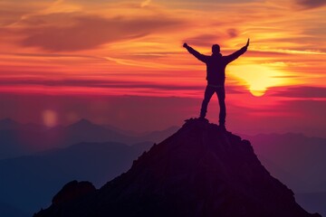 Wall Mural - Silhouette of a man standing on top of a mountain with his arms raised up and looking at the sky, against a sunset background Generative AI