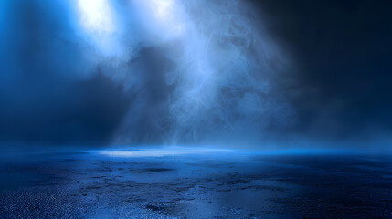 Poster - Dark empty scene blue neon searchlight light wet asphalt smoke night view rays : Generative AI