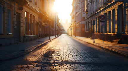 Wall Mural - City street with empty road and morning light in Europe Lithuania Vilnius : Generative AI