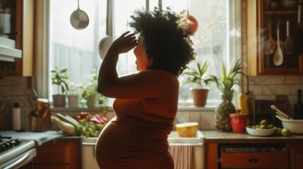 Plus-size Black woman dancing in her sunlit kitchen. Her energetic pose paired with the cozy domestic setting and warm lighting, happiness and self-love, body positivity and everyday joy