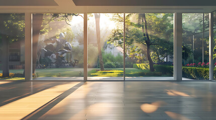 Leinwandbilder - empty room with large windows overlooking the garden : Generative AI