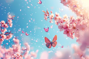 Poster - A magical scene with butterflies fluttering among pink blossoming cherry branches under the clear spring sky