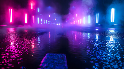 Poster - Wet asphalt reflection of neon lights a searchlight smoke Abstract light in a dark empty street with smoke smog Dark background scene of empty street night view night city : Generative AI