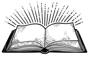 Wall Mural - book and light rays sketch engraving PNG illustration. T-shirt apparel print design. Scratch board imitation. Black and white hand drawn image.
