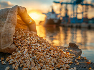 Sticker - Bags of grain on a dock with a pile of wheat in the foreground and a large container ship loaded with colorful containers in the background.