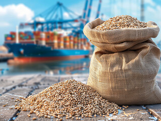 Bags of grain on a dock with a pile of wheat in the foreground and a large container ship loaded with colorful containers in the background.