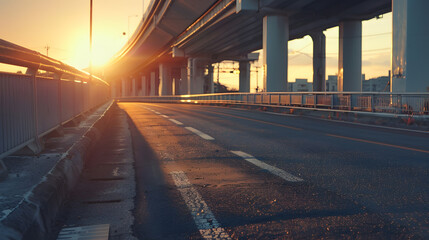 Poster - Asphalt road and bridge with urban architecture at sunset : Generative AI