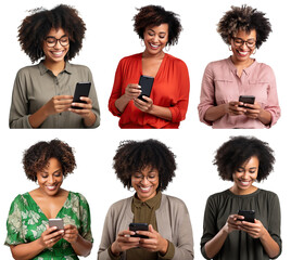 Wall Mural - Set of happy African American women using cell phones, cut out